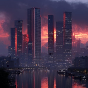 Dramatic Skyscraper Skyline Wall Art, Futuristic Cityscape with Fiery Sunset Reflections, Digital Download, Printable, 300 DPI | P1