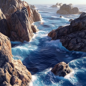 Waves Crashing on Rugged Coastal Cliffs, Dramatic Ocean Seascape Wall Art, Digital Download, Printable, 300 DPI | P1