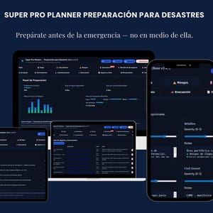May include: A digital disaster preparation planner displayed across a laptop, a tablet, and a smartphone. The dark-themed interface features the text SUPER PRO PLANNER PREPARACIÓN PARA DESASTRES and Prepárate antes de la emergencia — no en medio de ella.