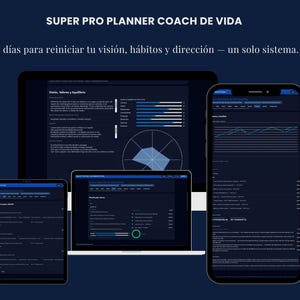 Może przedstawiać: Cyfrowy interfejs planera życia wyświetlany na monitorze komputera, laptopie i dwóch urządzeniach mobilnych. Ciemny pulpit nawigacyjny zawiera tekst w języku hiszpańskim, w tym tytuł SUPER PRO PLANNER COACH DE VIDA oraz różne wykresy danych.