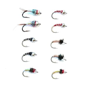 May include: An assortment of ten fishing flies, each with a curved hook and a variety of colorful materials. The flies feature silver, red, black, and iridescent accents, designed for attracting fish. The flies are arranged against a white background.