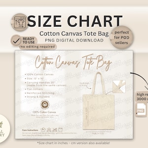 May include: A beige digital size chart for a cotton canvas tote bag. The chart includes dimensions of 38 cm x 41 cm and 51 cm carrying handles. The text also includes "Ready to Use" and "PNG Digital Download".