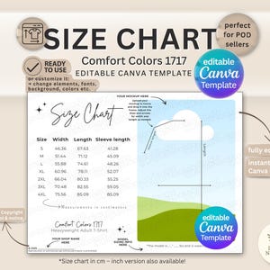 May include: A size chart template for Comfort Colors 1717 heavyweight adult t-shirts. The chart includes measurements in centimeters for sizes S to 4XL. The template is editable in Canva and includes a mockup area.