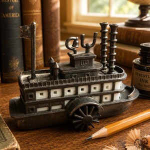 Pode incluir: Um modelo de ferro fundido metálico escuro de um barco a vapor com uma roda lateral proeminente, duas chaminés altas, um pequeno sino e uma bandeira. A lateral do casco tem o texto MARK TWAIN gravado em letras maiúsculas em relevo.
