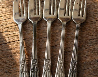 Vintage Yeoman bord EPNS gebaksvorken set van 5, gemaakt in Engeland zilveren plaat dessertvorken, theekransje bestek cadeau