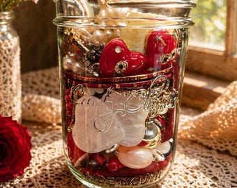 Vintage Jewelry Jar Gold Tone Red Pink Pearls Mix, Romantic Treasure Jar, Wearable & Craft Jewelry Bundle Gift Idea