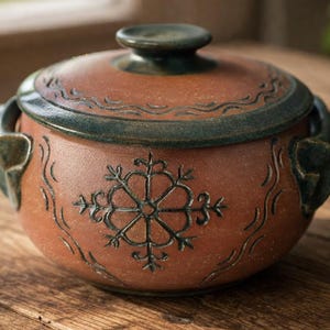 Può includere: Una pentola rotonda in ceramica di terracotta con coperchio abbinato, caratterizzata da accenti smaltati verde scuro sul bordo, sui manici e sul coperchio. L'esterno è decorato con un motivo inciso a fiocco di neve e linee ondulate.