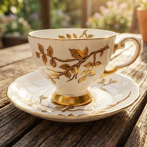 May include: A white porcelain teacup and saucer set featuring a delicate gold leaf branch pattern. The teacup has a pedestal base and a curved handle, both accented with gold trim. The saucer matches the teacup with a gold branch design.