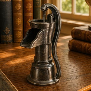 Puede incluir: Una figura de bomba de agua de estilo vintage en metal oscuro, con un mango curvo y un pico ancho. El objeto presenta un acabado envejecido y desgastado con rasguños visibles y una pátina oscura, posado verticalmente como accesorio de escritorio.