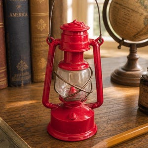 May include: A bright red metal hurricane lantern featuring a clear glass globe protected by a wire cage and a thin metal handle. The lantern has a circular base and a chimney top, designed with a classic oil lamp structure and a glossy finish.