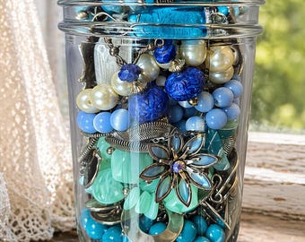 Vintage Blue Jewelry Jar 22 Pieces Curated Silver Tone Lot Statement Necklaces Earrings Gift Ready Bundle