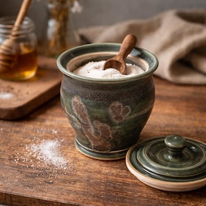 Może przedstawiać: Ręcznie robiony ceramiczny pojemnik na sól z pokrywką, wypełniony białą solą i małą drewnianą łyżką. Słoik jest glazurowany w odcieniach zieleni i brązu, o rustykalnym, teksturowanym wyglądzie. Pokrywka jest z boku, a słoik stoi na drewnianej powierzchni.