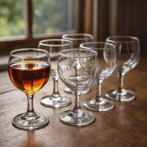 May include: A set of six clear stemmed wine glasses, one filled with amber liquid. The glasses are arranged on a wooden surface, with a window in the background. The glasses have a classic design.