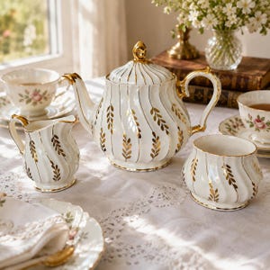 Puede incluir: Un juego de té de porcelana blanca con textura acanalada y un patrón de hojas doradas. El conjunto incluye una tetera con tapa, una lechera, un azucarero y dos tazas con platillos, cada una decorada con un delicado motivo floral de rosas.