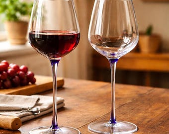 Cobalt Stem Wine Glasses Pair, Elegant Tall Goblets, Modern Art Glass, Blue Accent Barware, Gift for Wine Lover