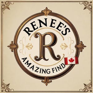 May include: A circular logo with the text "RENEE'S AMAZING FIND" in a decorative font. The letter "R" is prominently displayed in the center. A small Canadian flag is on the right side of the logo. The logo has a gold and brown color scheme.