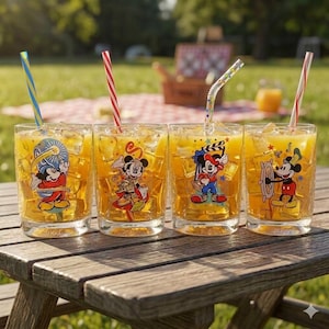 Puede incluir: Cuatro vasos transparentes llenos de líquido ámbar y cubitos de hielo, cada uno con una ilustración diferente y colorida de Mickey Mouse. Cada vaso incluye una pajita a rayas o estampada, mostrando varias poses del personaje.
