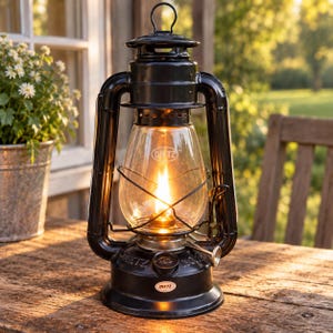 May include: A black metal oil lantern with a clear glass globe and a visible flame inside. The lantern features a wire cage, a top handle, and the brand name DIETZ printed on the glass and on a small oval label on the base of the unit.