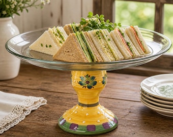 Soporte para pasteles Vintage Toscany Magnolia, pedestal de cerámica amarilla, plato de vidrio, expositor de postres de estilo rústico, decoración para centro de mesa floral