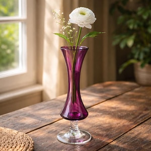 Vintage Amethyst Glass Trumpet Bud Holder Purple Art Glass Single Stem Flower Accent Tall Mid Century Style