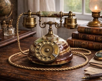 Vintage Italian Onyx Marble Rotary Telephone, Telcer Italia Brass Desk Phone, Mid Century Luxury Decor Statement Piece