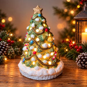 Peut inclure: Une figurine de sapin de Noël de table avec des branches vertes et des accents de neige blanche, entourée d'une guirlande en corde marron. L'arbre est orné de petits ornements colorés, de sucres d'orge et éclairé par des lumières blanc chaud.