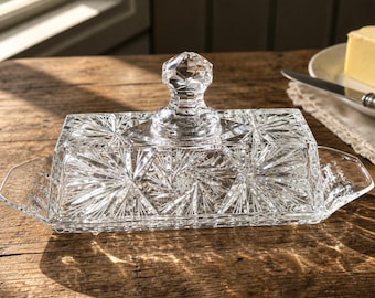Vintage geslepen kristallen botervloot met deksel, Starburst Pinwheel-patroon, rechthoekige glazen boterhouder, elegant servies cadeau