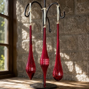 GlucksteinHome Ruby Red Glass Ornaments Set of 3, 10" Long Finial Christmas Ornaments, Large Glass Teardrop Holiday Decor