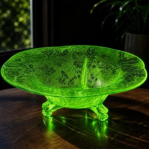 Vintage Uranium Glass Footed Bowl, 12” Vaseline Glass Centerpiece, UV Reactive Glow Dish, Frosted Leaf Pattern, Retro Decor Gift