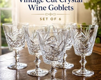 Vintage Cut Crystal Wine Goblets Set of 6, Pinwheel Crystal Stemware, Starburst Glasses, Vintage Barware, Crystal Water Goblets
