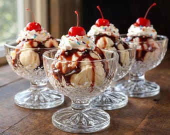 Juego de 4 copas de postre de vidrio vintage, cuencos para sorbete con pie, vidrio prensado con diseño de diamante, platos para helado, vajilla retro.