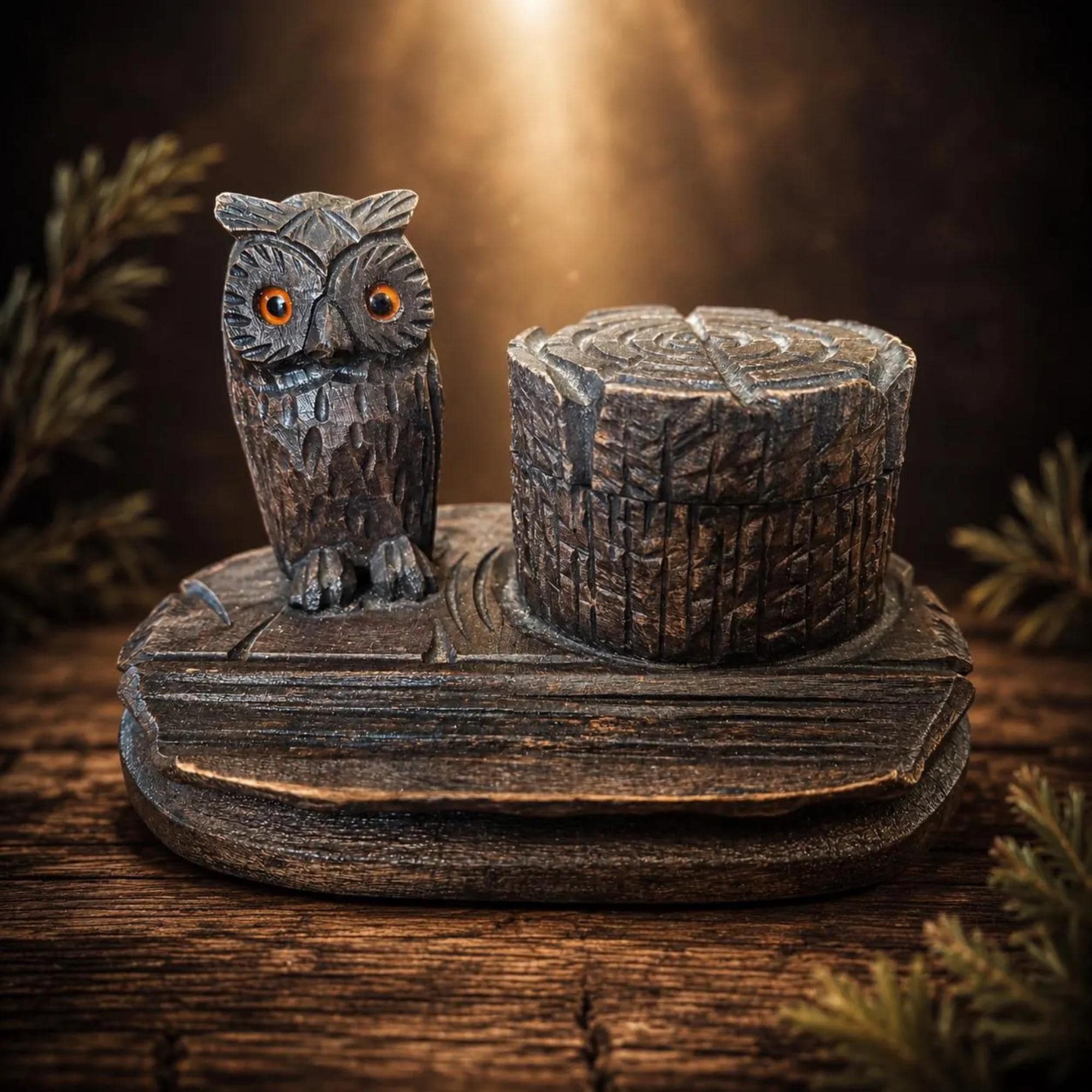 RESERVED Antique Black Forest Carved Wood Owl Inkwell Pen Rest