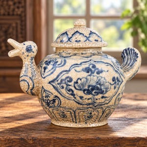 Vintage Vietnamese Duck Teapot Blue White Crackle Glaze Ceramic Ewer Asian Pottery Hoi An Style