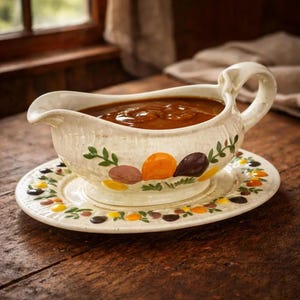 May include: A white ceramic gravy boat filled with brown gravy, on a matching saucer. The boat and saucer are decorated with colourful leaf and fruit designs. The gravy boat has a curved handle.