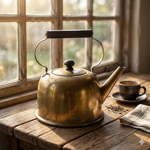 Peut inclure: Une bouilloire à thé en laiton avec une poignée sombre et un bouton de couvercle assorti. La bouilloire présente un corps arrondi et un bec verseur effilé. À côté se trouve une tasse en céramique sombre sur une soucoupe et un linge blanc plié.