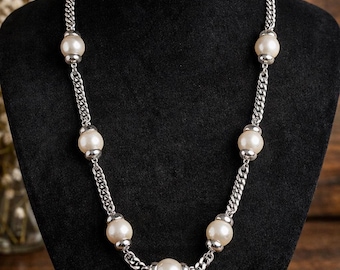 Naszyjnik z pereł w stylu vintage, srebrny łańcuszek, długi, elegancki, klasyczny, warstwowy naszyjnik ślubny z pereł