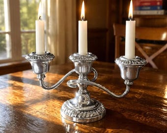 Candelabro de plata vintage de 3 brazos para centro de mesa de boda, reproducción de Sheffield Marlboro 1145 Wm Rogers