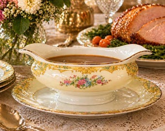 Vintage Noritake Alvin Sauciere 1930er Jahre Japan Floral Gold Trim Sauciere mit Unterplatte Elegantes Geschirr Servierstück Geschenk