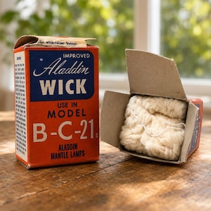 May include: An orange and blue cardboard box for an Improved Aladdin Wick, model B-C-21, for Aladdin mantle lamps. The box features white text and a small star icon. Beside it, an open box reveals a folded, off-white, textured fabric lamp wick.