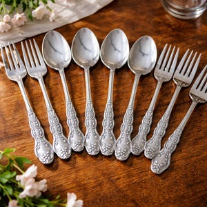 May include: An assortment of decorative silver spoons and forks displayed on a wooden table. The cutlery showcases intricate floral and scroll patterns on the handles. The spoons have oval bowls, and the forks have four prongs.