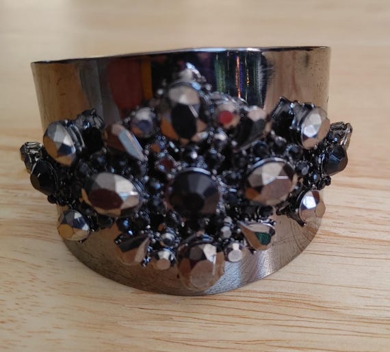 Black Rhinestone Statement Cuff Bracelet – Wide G… - image 6