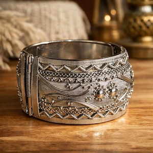 Wide Vintage Silver Tone Hinged Cuff Bracelet | Ornate Boho Statement Jewelry | 1990s Ethnic Style | Easy On Off