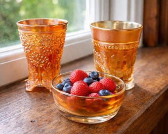 Vintage Carnival Glass Set of 3 Amber Iridescent Glassware Retro Orange Decor Boho Tableware Small Bowls Tumblers Gift