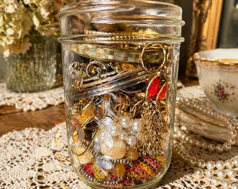 Vintage Jewelry Jar Full Gold Tone Mix Statement Pieces Pearls Earrings Rings Treasure Hunt Gift Mystery Jewelry Lot