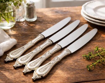 Vintage Mazel Italian Silver Plate Dinner Knives Set of 4 Ornate Handle Flatware Mid Century Replacement Cutlery
