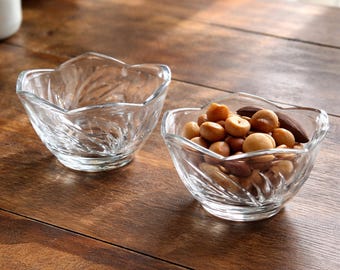 Vintage French Glass Dessert Bowls Pair, Small Petal Rim Serving Bowls, Clear Swirl Glass Dip Bowls, Candy Nut Dishes Gift