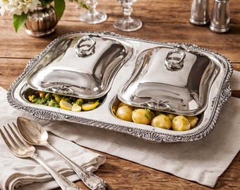 Vintage Silverplate Double Covered Serving Dish, Old English Reproduction Silver on Copper Regency Tableware