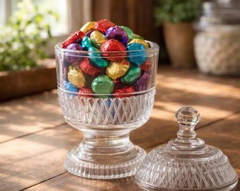 Vintage Clear Pressed Glass Candy Dish With Lid, Footed Compote Trinket Jar, Diamond Pattern, Wedding Decor Gift