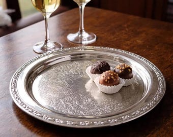 Vintage Silverplate Serving Tray Engraved Floral Oneida Bar Tray Wedding Decor Hostess Gift Silver Platter USA