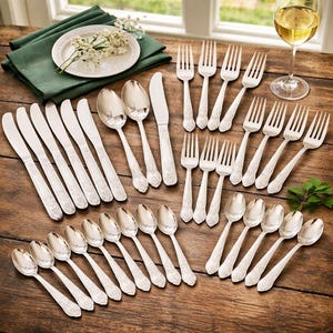 Vintage Stainless Steel Flatware Set, 43 Pieces, Floral Pattern, Service for 8, Mid-Century Stainless China, Rustic Kitchen